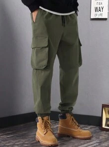 Manfinity Roghcode Men's Casual Solid Color Drawstring Waist Cargo Pants - Army Green - View 4