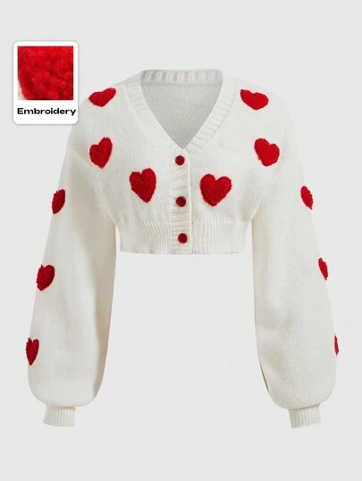 ROMWE Kawaii Heart Pattern Crop Cardigan, School, For Valentine's Day