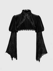 ROMWE Goth 女士哥特式百搭喇叭袖植绒拼布毛衣开衫夹克 - 黑色 - 查看 1