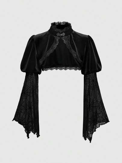 Damen Gothic vielseitiger Glockenärmel-Strickjacke aus Samtstoff mit Flockdruck-Patches