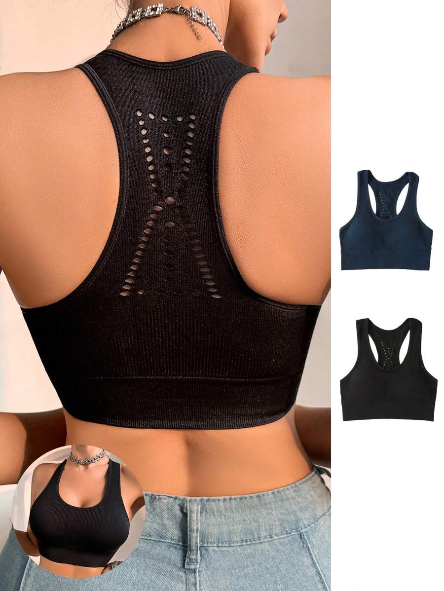 2pcs/Set Seamless Yoga Sports Bras For Women, Removable Padded Wire-Free Breathable Mesh Back Design - Multicolor - View 1