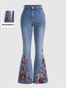 ROMWE Hippie Jeans acampanados con bordado floral para damas, escolar