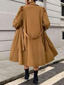 SHEIN Unity Plus Size Women's Solid Color Double Breasted Bubble Sleeve Elegant Trench Coat, Spring/Autumn Fall Cloth For Women