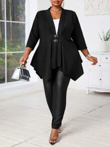 SHEIN CURVE+ Cardigan Plus Size Preto Manga Longa Botão De Metal, Bainha Assimétrica Jaqueta Feminina Para Outono/Inverno - Preto - Ver 5