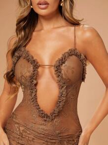 Hauture 高开衩蕾丝褶边低胸连衣裙 - 棕色 - 查看 8