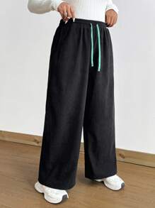 Flirla Plus Size Drawstring Pocket Black Wide-Leg Pants With Thermal Lined, Autumn/Winter - Black - View 6