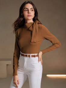 Anewsta 女士优雅纯色蝴蝶结肩部设计套头衫，适合秋季、冬季、外出、休闲、正式、派对、时尚、新年、圣诞节、工作、毕业、婚礼 - 棕色 - 查看 7