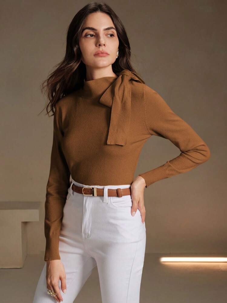 Women's Elegant Solid Color Bowknot Shoulder Design Pullover Sweater, Suitable For Autumn, Winter, Going Out, Leisure, Formal, Party, Fashionable, New Year, Christmas, Work, Graduation, Wedding