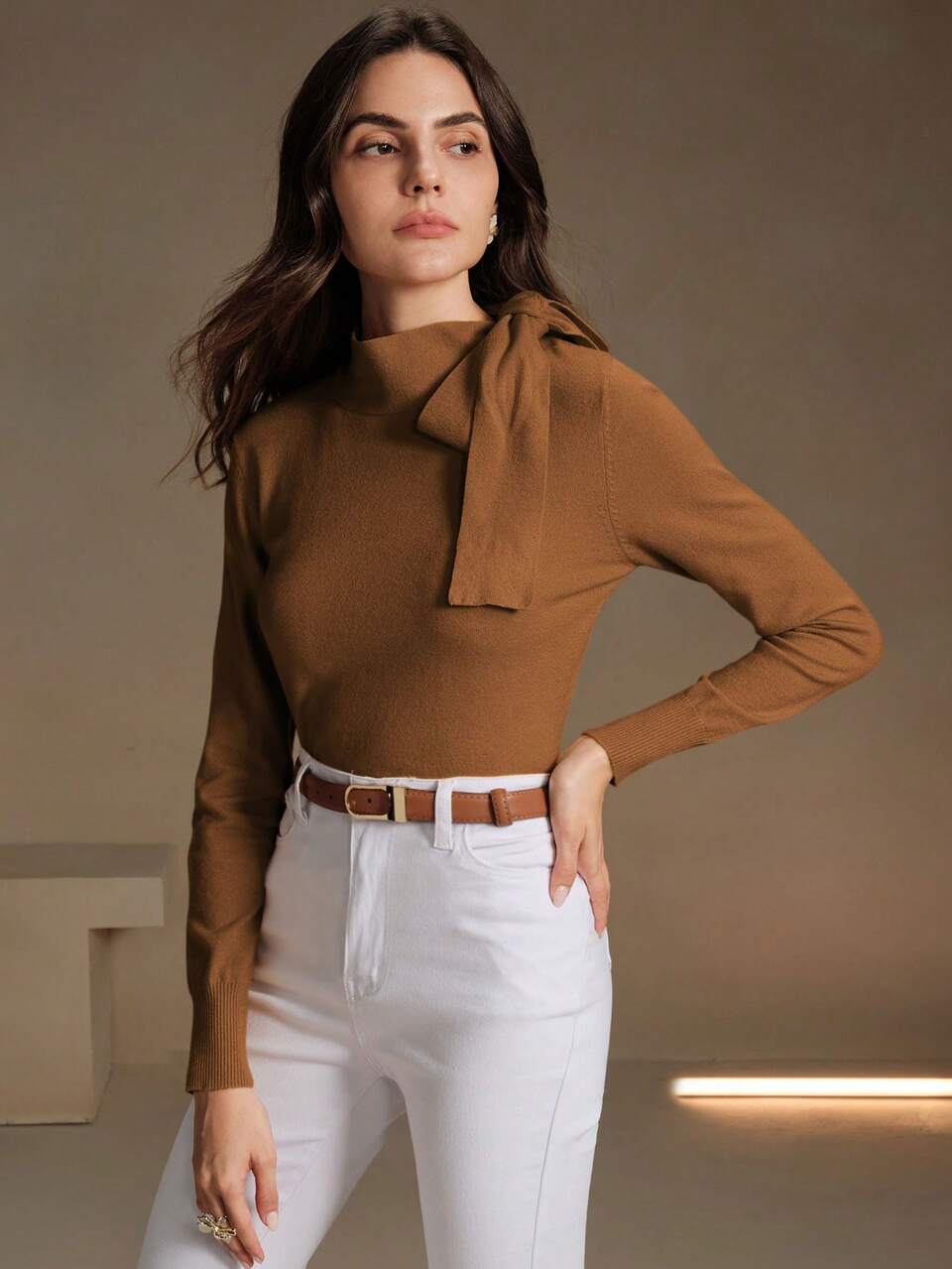 Women's Elegent Camel Autumn Work Pullover Sweater,Solid Color Bowknot Shoulder Design,Fashionable For Winter,Leisure,Formal,Party,New Year,Wedding