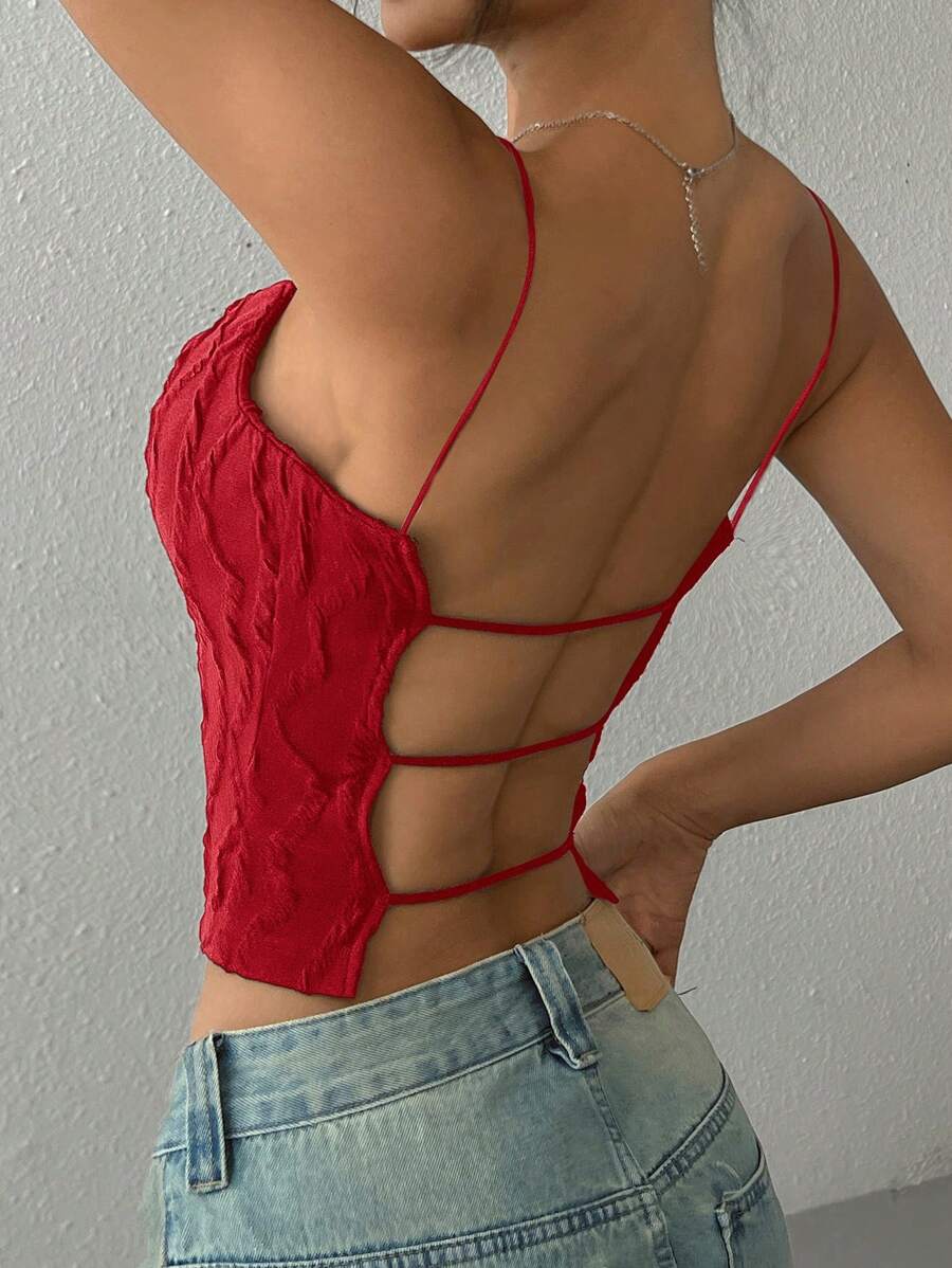 SHEIN EZwear 1pc Red Knitted Backless Women Tank Top - Red - View 1