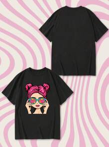 Tseoso Casual Cartoon Character Graphic Oversized Crew Neck Short Sleeve Loose T-Shirt For Women, Summer Pullover , Funny - Black - View 8