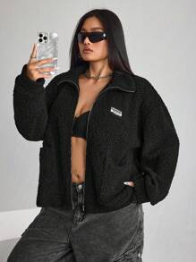 SHEIN ICON ICON Plus Size Women's Black Sherpa Fleece Jacket With Pockets And Lapel Collar - Black - View 4