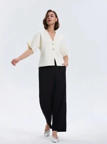 1pc Solid Color Front Button Minimalist Casual Dolman Sleeve Knit Top Spring - Beige - View 5