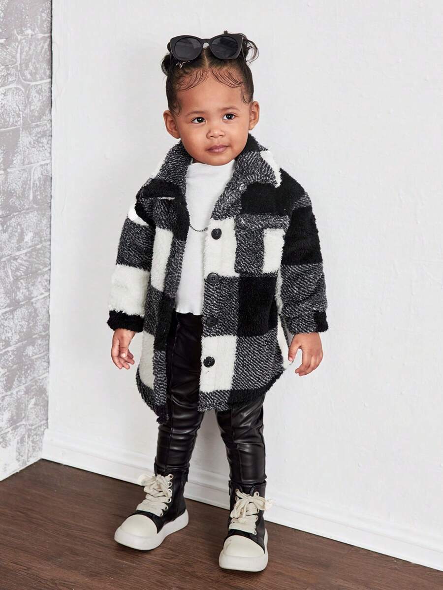 SHEIN 女婴保暖毛绒格子长款开衫外套，秋冬 - 黑與白 - 查看 1