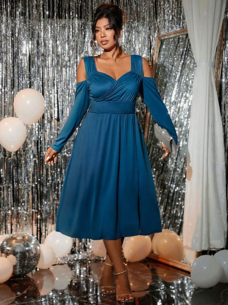 Allurite Vestido sexy de manga larga con cuello de corazón, envolvente cruzado y abertura larga en talla grande de unicolor - Azul - Añade 3