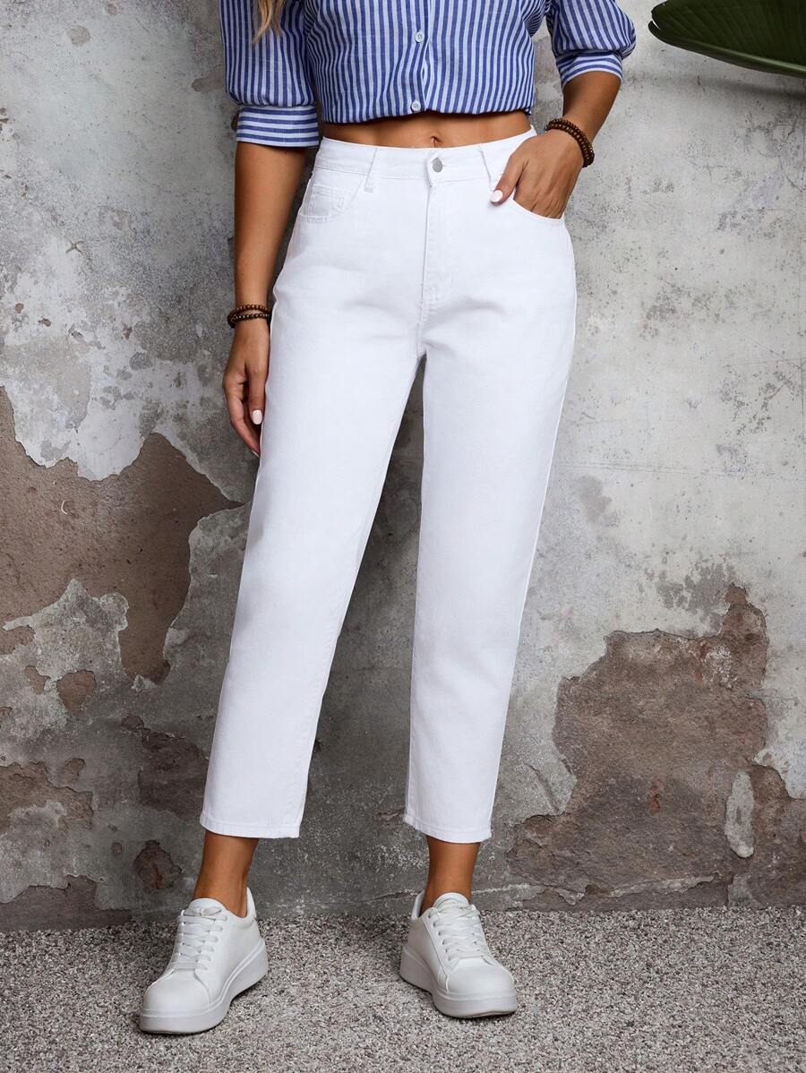 Casual Solid Color Tapered Pocket Fashion Relaxed Fit Jeans - White - View 1