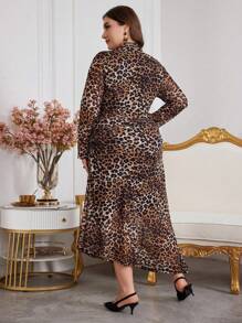 Modelyn Plus Size Women's Stand Collar Long Sleeve Leopard Print Long Elegant Dress, Elegant A Line Dresses, For Evening Party/Wedding Guest/Anniversary Long Evening Dresses - Multicolor - View 2
