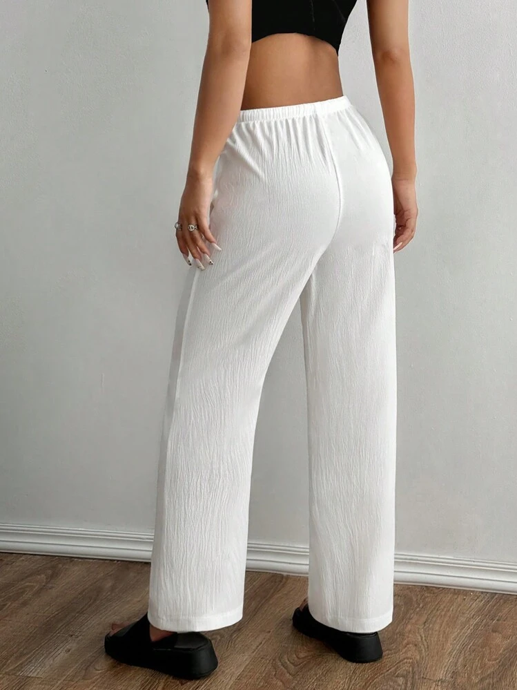 SHEIN Unity Calças Palazzo de Ajuste Folgado com Cordão da Cor Sólida para Mulheres - Branco - Visão 2