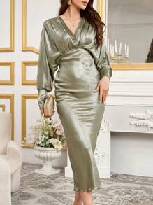 Modelyn Vestido elegante y brillante de silueta sirena de manga murciélago apretado para mujer, vestido de noche largo