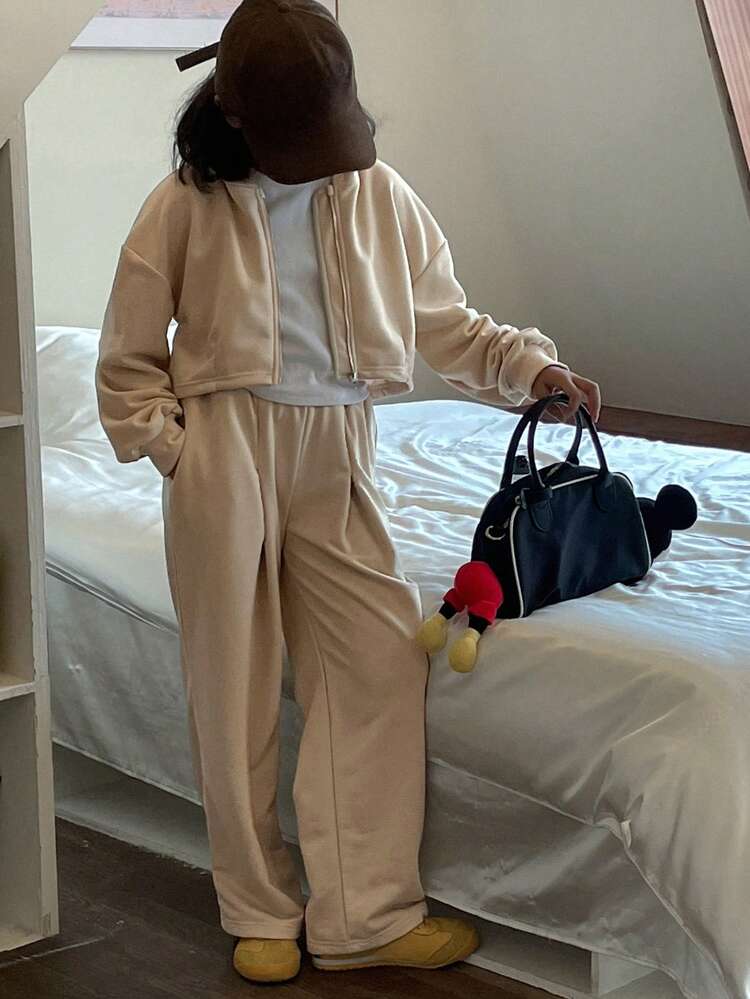2pcs Tween Girl Casual Solid Color Hoodies And Sweatpants Set, Autumn
