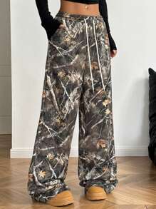 Coolane Women's Spring/Summer Casual Camo Print Drawstring Waist Wide Leg Pants