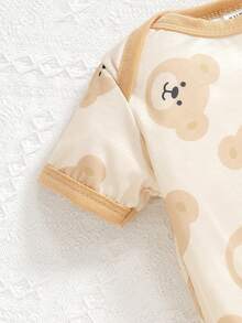 SHEIN 2件套新生儿婴儿男女宝宝休闲可爱小熊印花短袖连体衣和短裤套装，春夏款 - 彩色 - 查看 3
