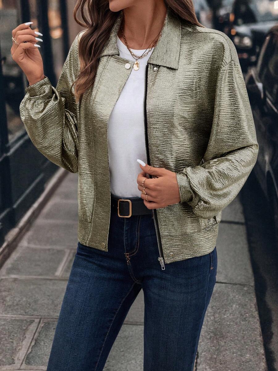 EMERY ROSE Women's Shiny Sequins Long Sleeve Bomber Jacket, Metallic Finish - Dark Grey - View 1