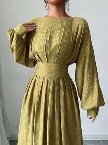 Calvaya Textured Elegant Batwing Sleeve Empire Waist Pleated Lantern Sleeve Dress Maxi Women Outfit