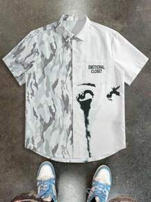 Manfinity EMRG Áo sơ mi nam tay ngắn in chữ và họa tiết rằn ri thường ngày - Nhiều màu - Xem 1