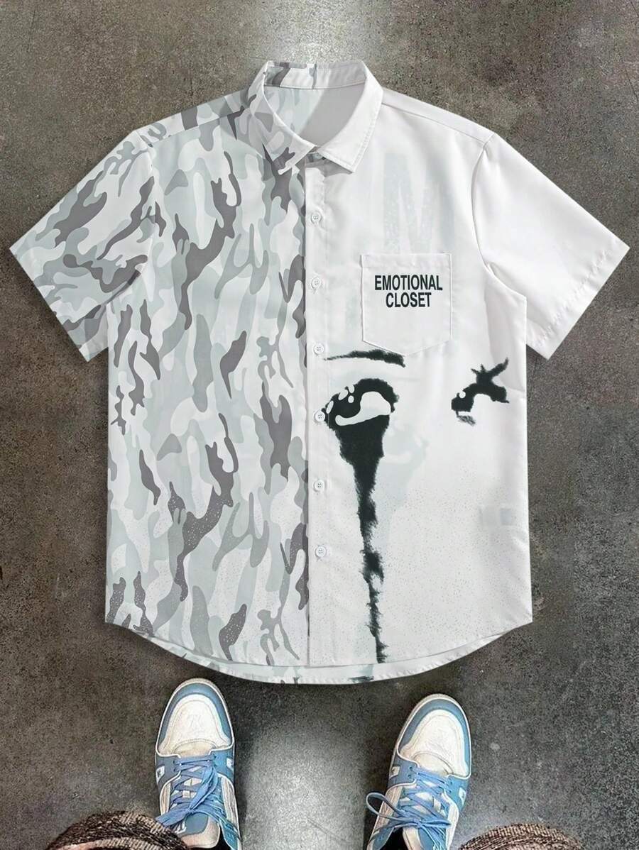 Manfinity EMRG Áo sơ mi nam tay ngắn in chữ và họa tiết rằn ri thường ngày - Nhiều màu - Xem 1