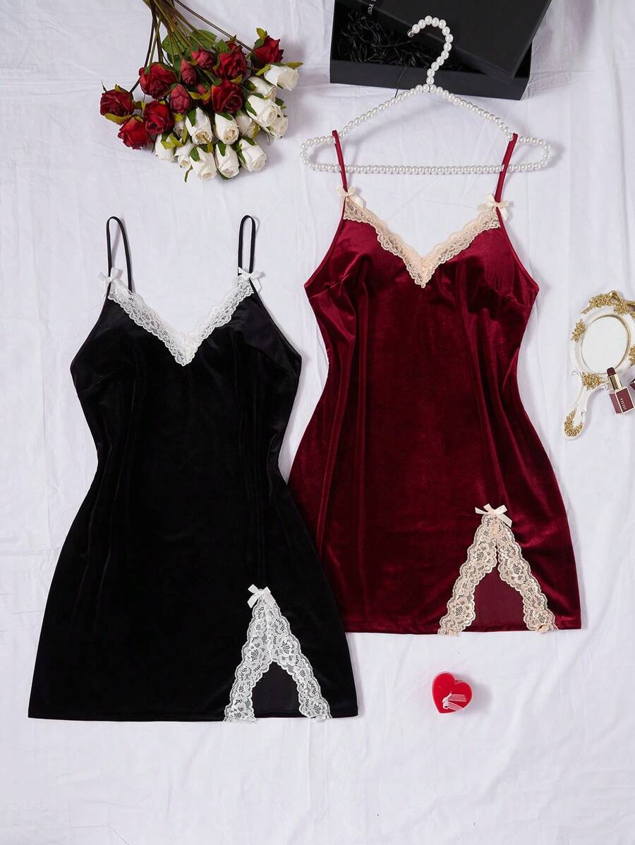 SilkySpell 2 pezzi/Set Camicia da notte da donna in velluto con inserti in pizzo, spalline a spaghetti, abbigliamento autunno inverno