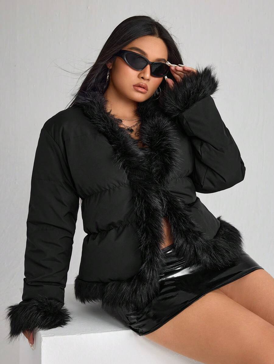 SHEIN ICON ICON Plus Size Women's Patchwork Fur Collar Short Down& Feathers Jacket - Black - View 1