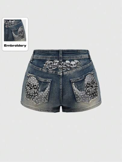 Fairycore Conjunto informal con decoración de rhinestones de moda para mujer, con shorts vaqueros. Escuela