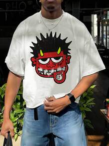 Manfinity Dauomo Camiseta casual de manga corta de cuello redondo con estampado de dibujos animados para hombre, verano
