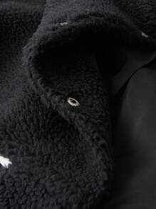 Maweii Chaqueta corta con bloque de color, aplicación de letra y forro de borrego para otoño e invierno, talla grande