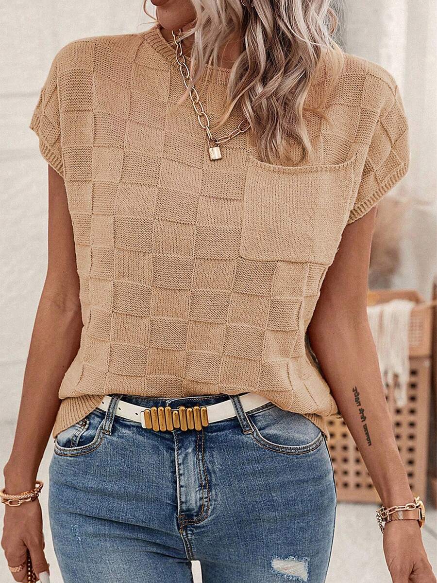 Casual Loose Solid Color Checkerboard Texture Batwing Sleeve Pocket Knitted Top