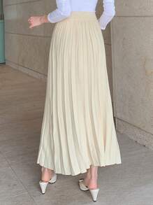 DAZY 纯色百褶女式针织裙，秋装 - 米色 - 查看 2