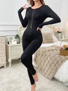 Bộ ấm áp chắp vá dệt kim có họa tiết - màu đen - Xem 5