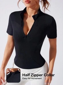 SHEIN Sport Studio Camisa tipo polo deportiva de mujer con media cartera con cremallera y manga corta de unicolor