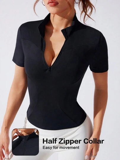 Slayform Damer i enfärgad dragkedja med halv knappslå kortärmad sportpikétröja