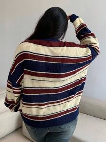 Dazy Plus Plus Size Women's Plus Size Striped Long Sleeve Loose Knitted Pullover Sweater, For Fall/Winter - Multicolor - View 2