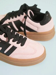 Mini mi Bestseller Kid's Black Pink Double-Stacked Platform Bold Sneakers,K-POP Styles,Light Weight, Fashion ,Versatile - Pink - View 5