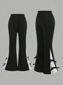 Teen Girl Elegant High Waist Lace Patchwork Flared Pants With Bow Detail, Fashion Sweet Flare Leg Trousers - Black - View 1