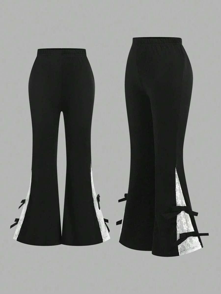 Teen Girl Elegant High Waist Lace Patchwork Flared Pants With Bow Detail, Fashion Sweet Flare Leg Trousers - Black - View 1