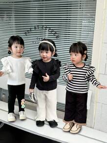 SHEIN 3pcs Set Baby Girls Autumn Casual Ruffled Trim Long Sleeve Tops - Black and White - View 1