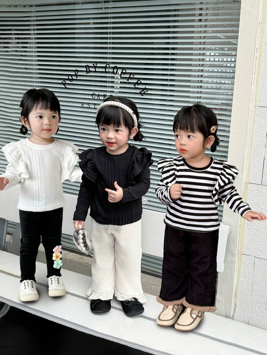 SHEIN 3pcs Set Baby Girls Autumn Casual Ruffled Trim Long Sleeve Tops - Black and White - View 1