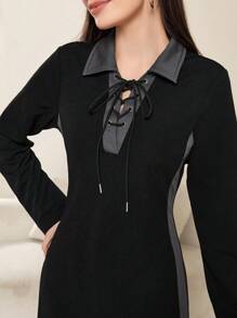 Mulvari Women's Color Block Collared Lace-Up Long Sleeve Casual Dress, Spring Autumn Maxi Women Outfit Fall Cloth For Women