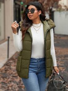 Calvaya Plus Size Solid Color Hooded Vest With Pockets, Autumn & Winter Clothes