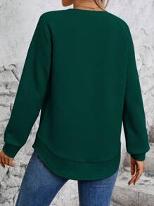 SHEIN LUNE Áo nỉ tay raglan màu trơn giản dị thiết kế nút, mùa thu - Màu xanh lá cây đậm - Xem 2
