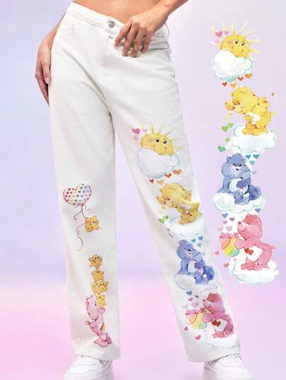 SHEIN X Care Bears 休闲卡通熊印花拉链门襟直筒牛仔裤
